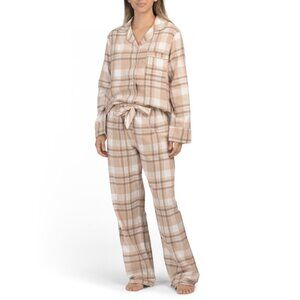 KAYANNA Ivory Cotton Flannel Plaid Notch Collar Top And Pants Pajama Set